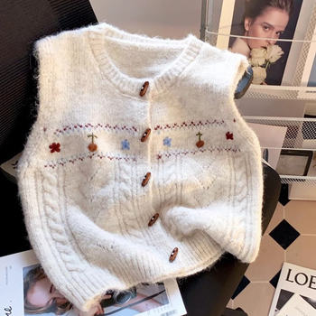 Ženski pleteni prsluk s cvjetnim uzorkom, okrugli izrez, kratka duljina, ovčji baršun tkanina, najlon mješavina