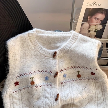 Ženski pleteni prsluk s cvjetnim uzorkom, okrugli izrez, kratka duljina, ovčji baršun tkanina, najlon mješavina