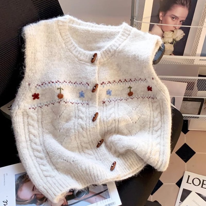 Ženski pleteni prsluk s cvjetnim uzorkom, okrugli izrez, kratka duljina, ovčji baršun tkanina, najlon mješavina