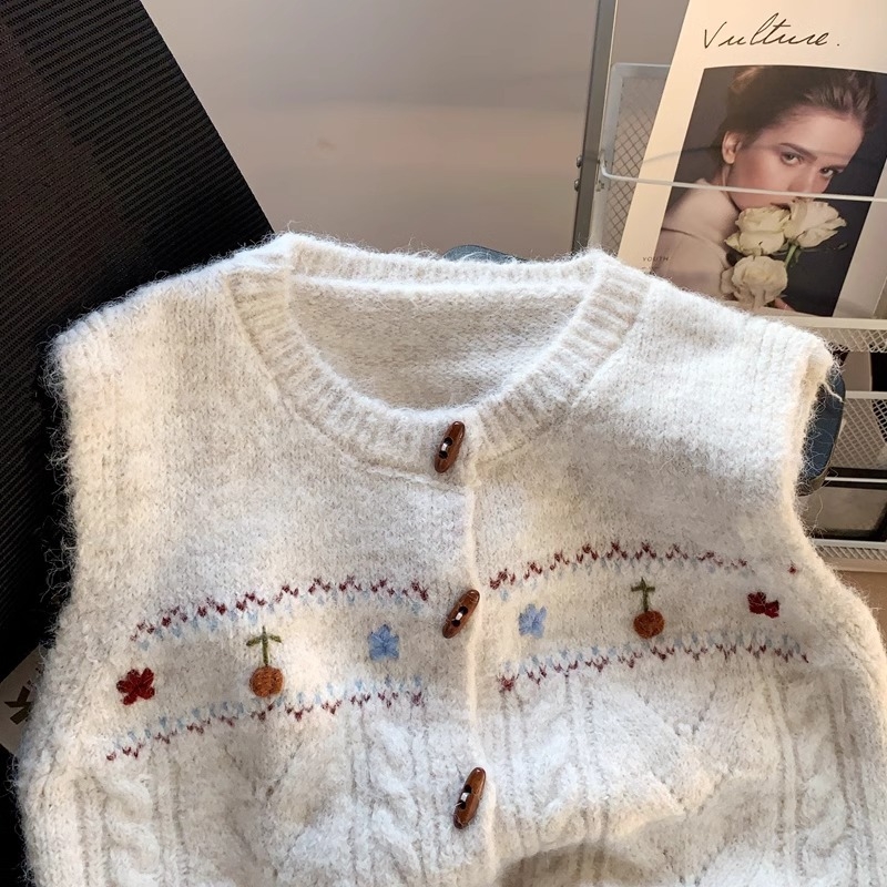 Ženski pleteni prsluk s cvjetnim uzorkom, okrugli izrez, kratka duljina, ovčji baršun tkanina, najlon mješavina