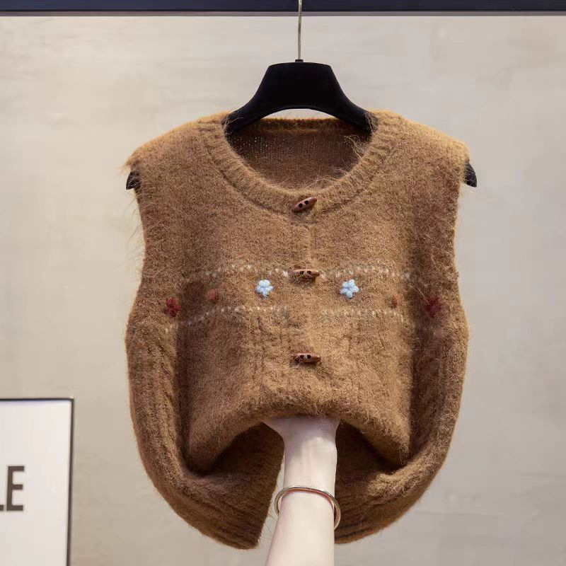 Ženski pleteni prsluk s cvjetnim uzorkom, okrugli izrez, kratka duljina, ovčji baršun tkanina, najlon mješavina