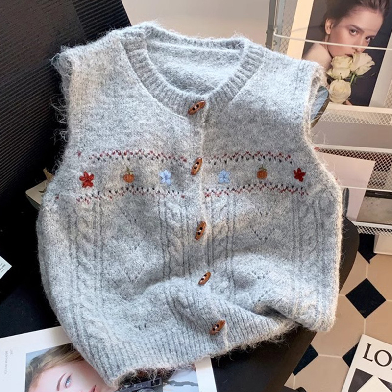 Ženski pleteni prsluk s cvjetnim uzorkom, okrugli izrez, kratka duljina, ovčji baršun tkanina, najlon mješavina