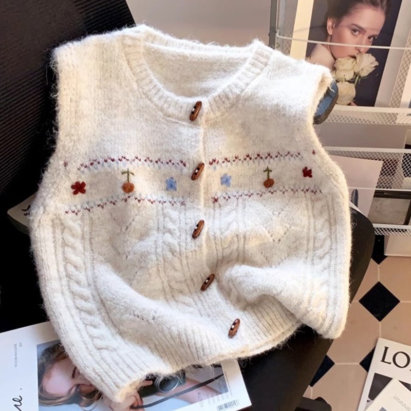 Ženski pleteni prsluk s cvjetnim uzorkom, okrugli izrez, kratka duljina, ovčji baršun tkanina, najlon mješavina