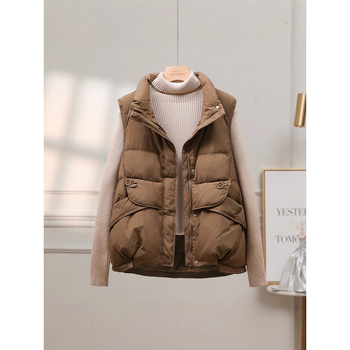 Ženski prsluk s punjenjem od down cotton, poliester tkanina, stojeći ovratnik i zatvarač