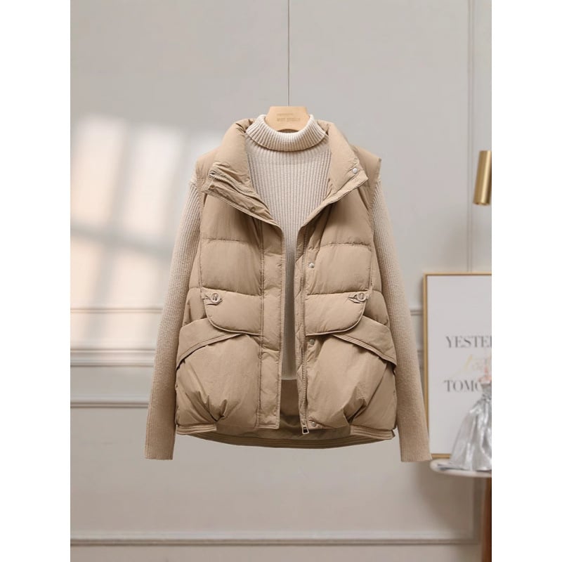 Ženski prsluk s punjenjem od down cotton, poliester tkanina, stojeći ovratnik i zatvarač