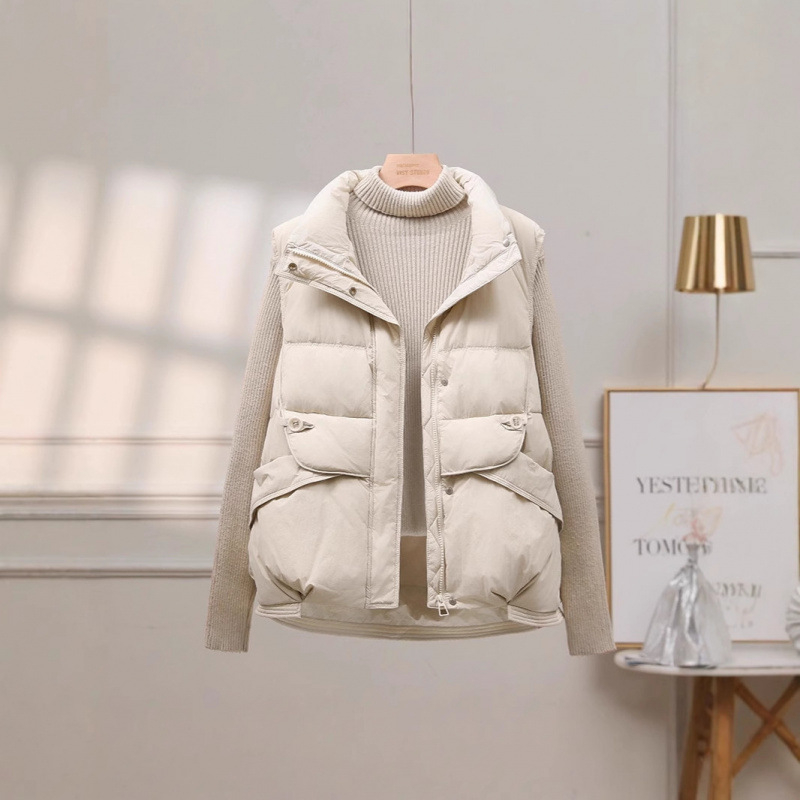 Ženski prsluk s punjenjem od down cotton, poliester tkanina, stojeći ovratnik i zatvarač