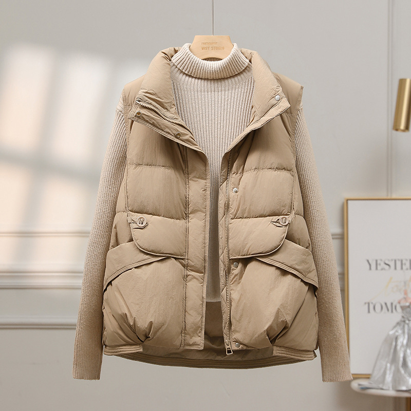 Ženski prsluk s punjenjem od down cotton, poliester tkanina, stojeći ovratnik i zatvarač