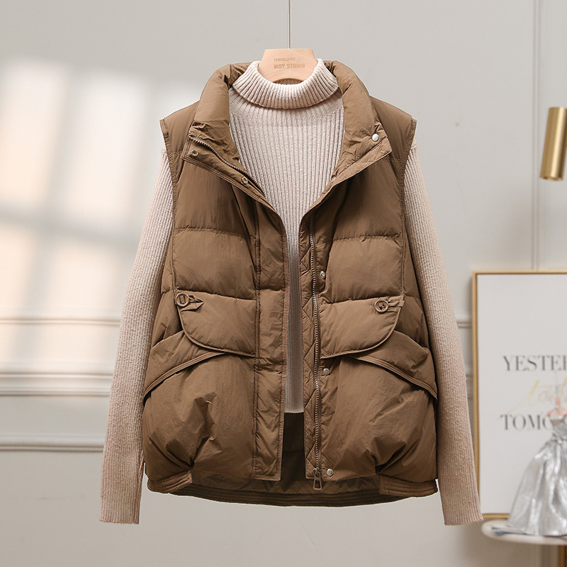 Ženski prsluk s punjenjem od down cotton, poliester tkanina, stojeći ovratnik i zatvarač