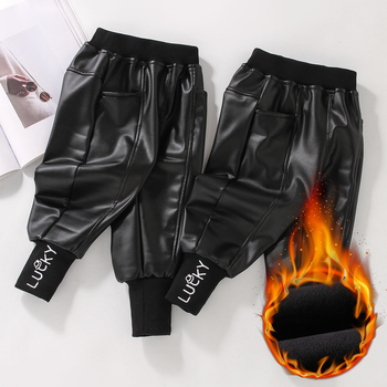 Dječje hlače od PU kože s plišanim podstavom, ležernog stila, za djecu 3–8 godina, jesen-zima, srednji pojas s elastikom, uzorak s slovima