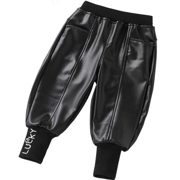 Dječje hlače od PU kože s plišanim podstavom, ležernog stila, za djecu 3–8 godina, jesen-zima, srednji pojas s elastikom, uzorak s slovima