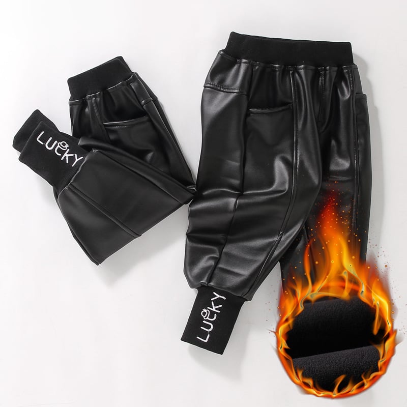 Dječje hlače od PU kože s plišanim podstavom, ležernog stila, za djecu 3–8 godina, jesen-zima, srednji pojas s elastikom, uzorak s slovima