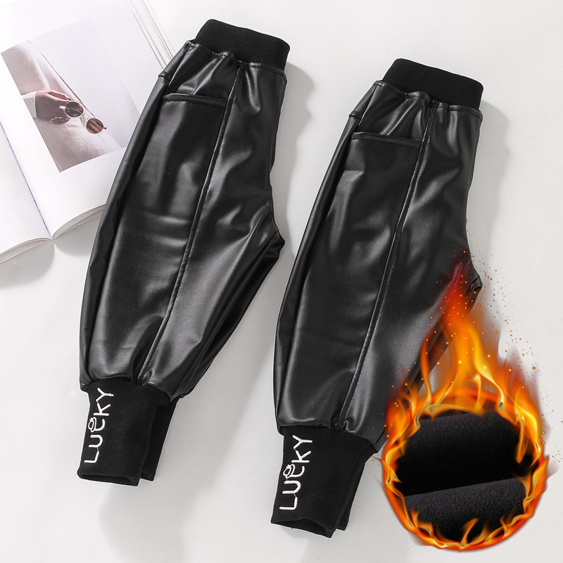 Dječje hlače od PU kože s plišanim podstavom, ležernog stila, za djecu 3–8 godina, jesen-zima, srednji pojas s elastikom, uzorak s slovima