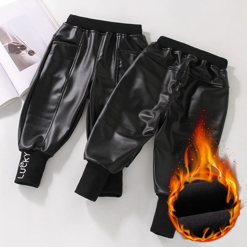 Dječje hlače od PU kože s plišanim podstavom, ležernog stila, za djecu 3–8 godina, jesen-zima, srednji pojas s elastikom, uzorak s slovima