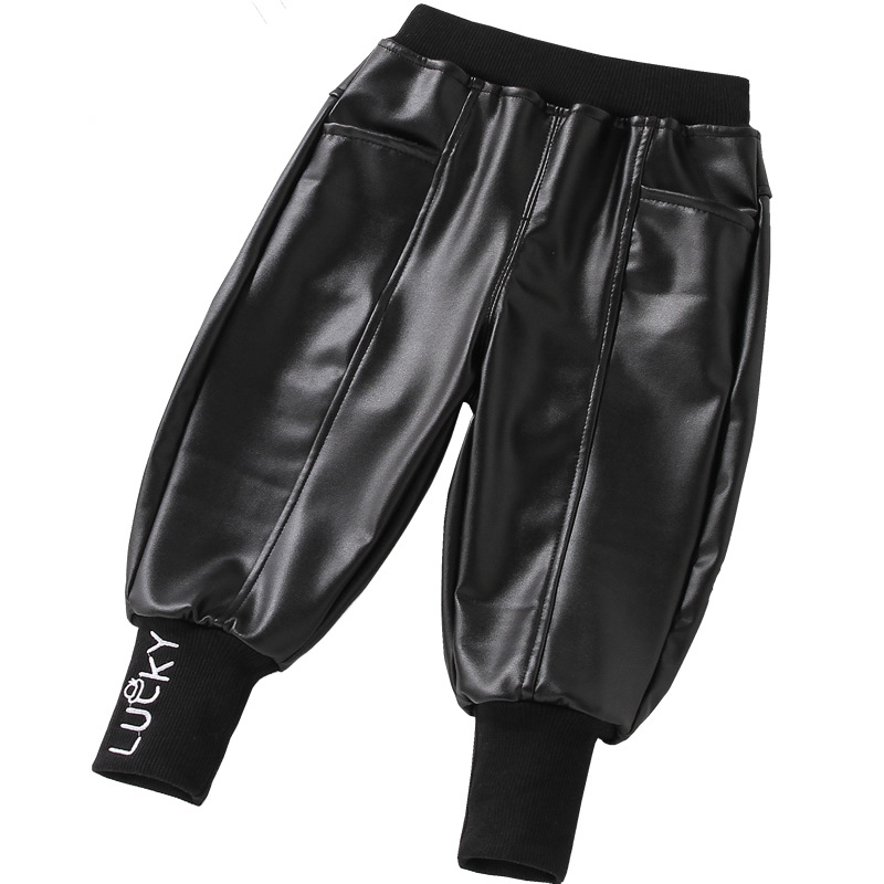 Dječje hlače od PU kože s plišanim podstavom, ležernog stila, za djecu 3–8 godina, jesen-zima, srednji pojas s elastikom, uzorak s slovima