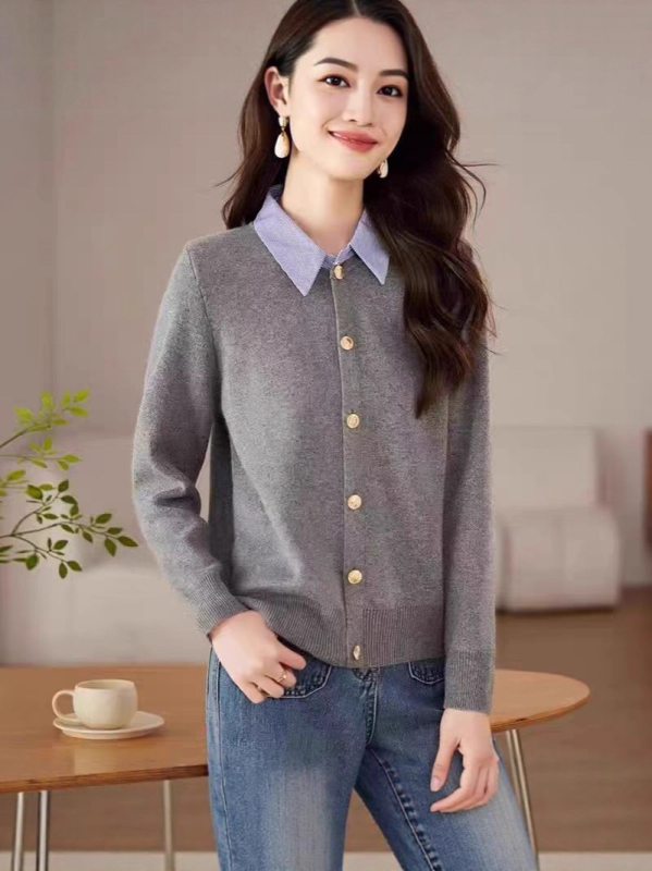 Cardigan džemper s polo ovratnikom, dugi rukavi, slobodan kroj (debel pleteni, jednofarbni uzorak, jednodoruko kopčanje)