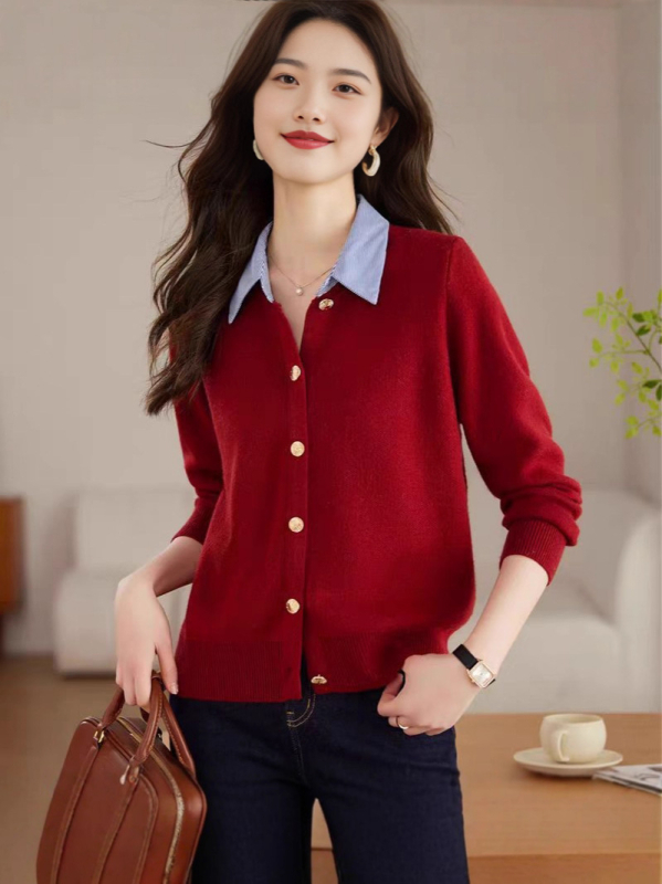 Cardigan džemper s polo ovratnikom, dugi rukavi, slobodan kroj (debel pleteni, jednofarbni uzorak, jednodoruko kopčanje)