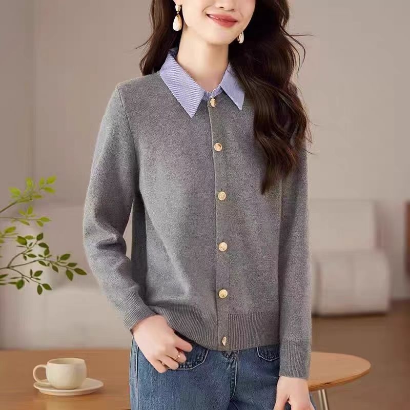 Cardigan džemper s polo ovratnikom, dugi rukavi, slobodan kroj (debel pleteni, jednofarbni uzorak, jednodoruko kopčanje)