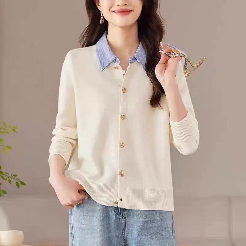 Cardigan džemper s polo ovratnikom, dugi rukavi, slobodan kroj (debel pleteni, jednofarbni uzorak, jednodoruko kopčanje)