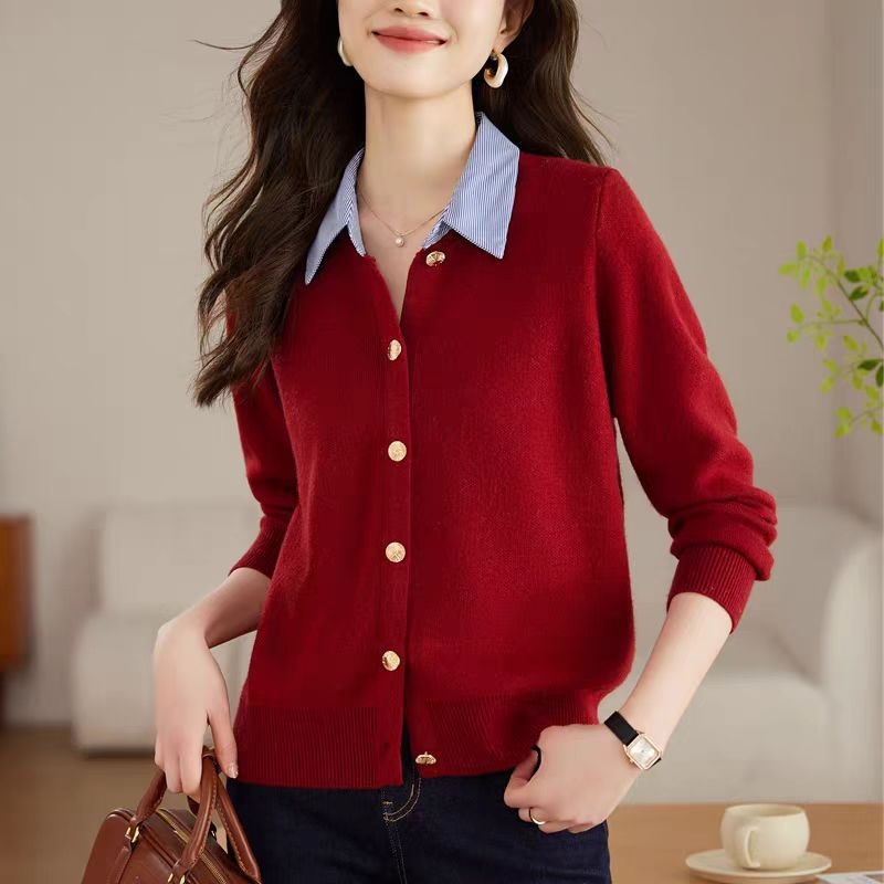 Cardigan džemper s polo ovratnikom, dugi rukavi, slobodan kroj (debel pleteni, jednofarbni uzorak, jednodoruko kopčanje)