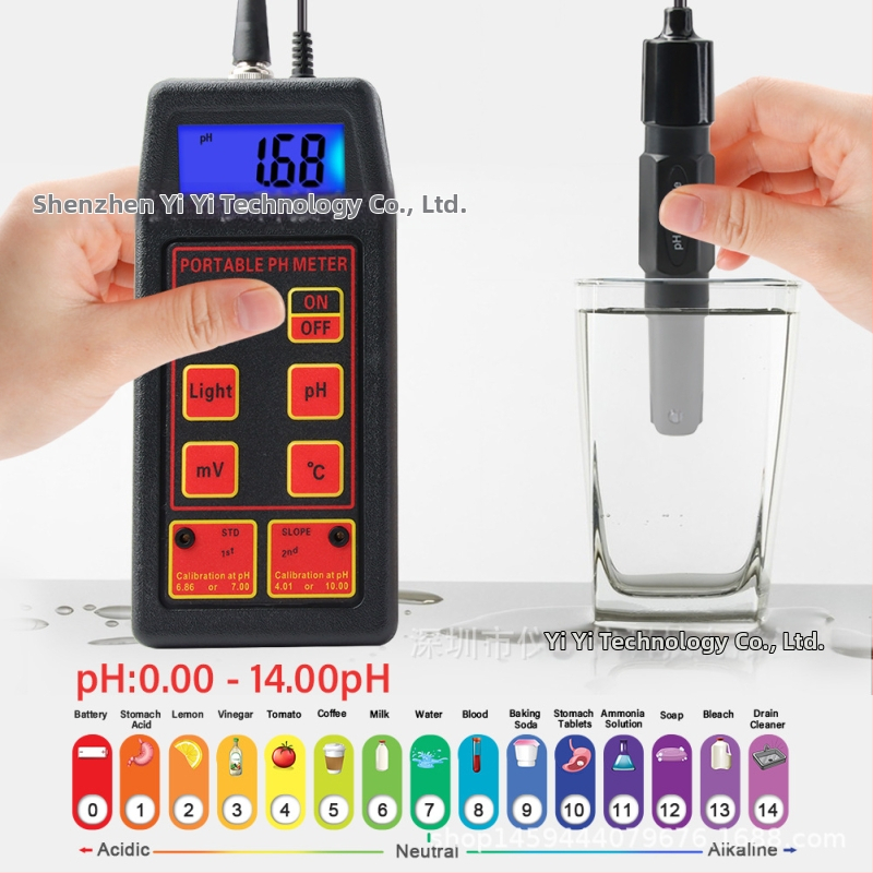 Prenosný pH meter s ORP pre akváriá a rybníky, rozsah pH 0.00-14, ±1999 mV, presnosť 0.01 pH, 1 mV, napájanie 9V.