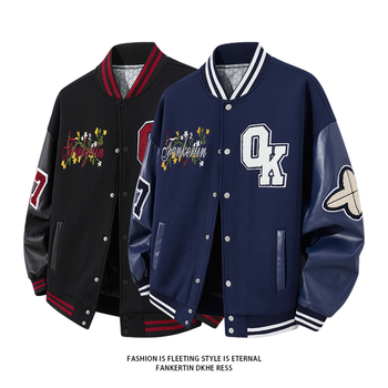 Férfi koreai stílusú baseball dzseki betűmintával, laza szabású, álló gallér és egyrészes gombolás