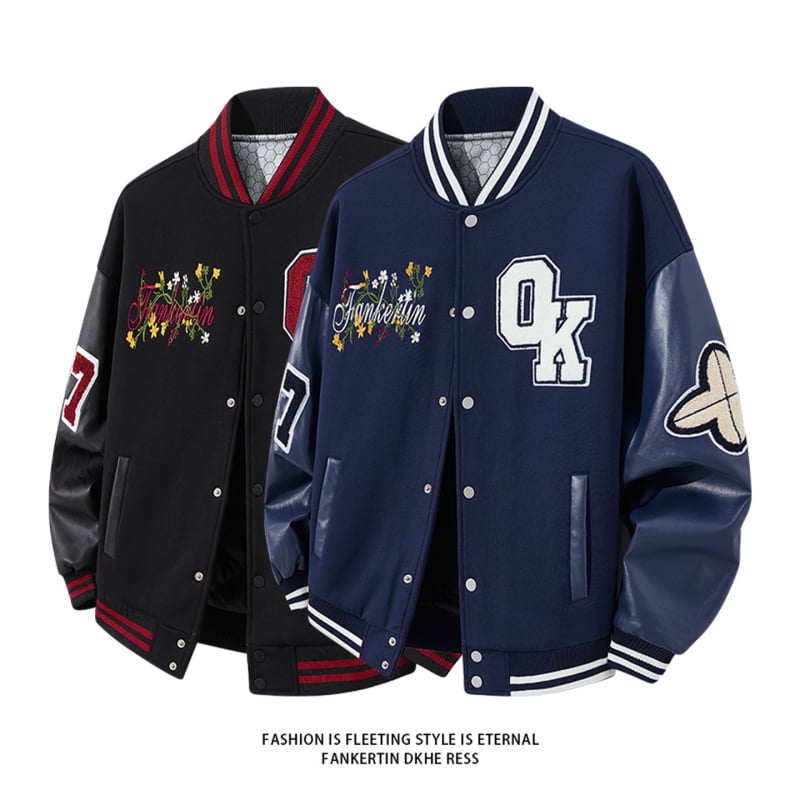 Férfi koreai stílusú baseball dzseki betűmintával, laza szabású, álló gallér és egyrészes gombolás