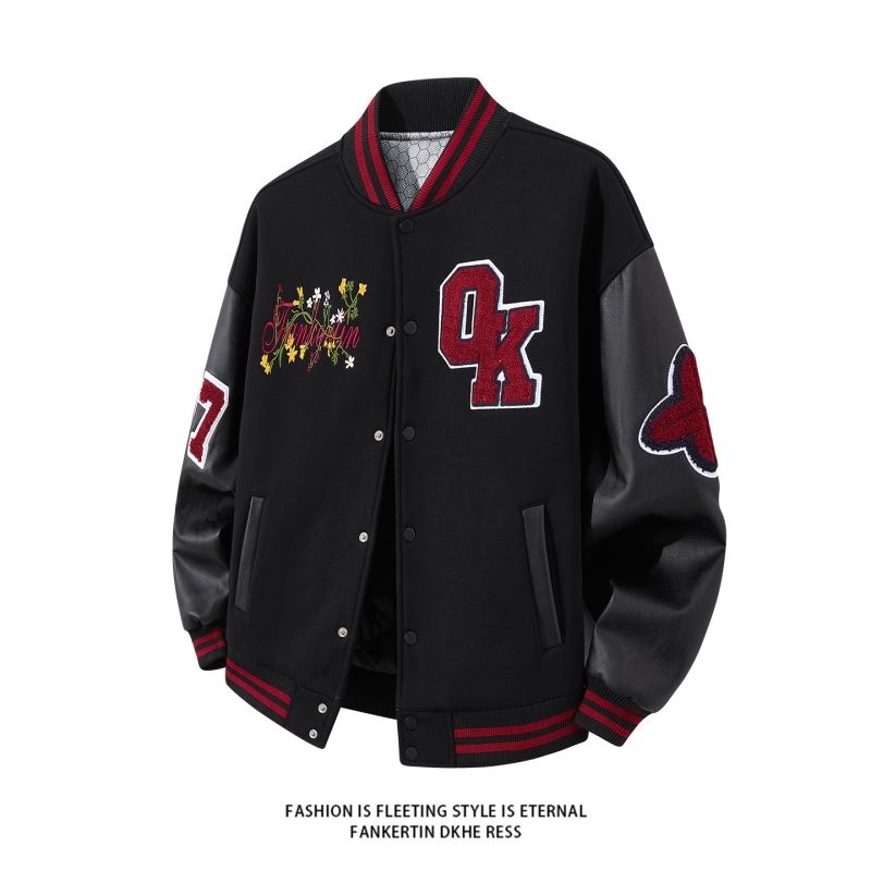 Férfi koreai stílusú baseball dzseki betűmintával, laza szabású, álló gallér és egyrészes gombolás