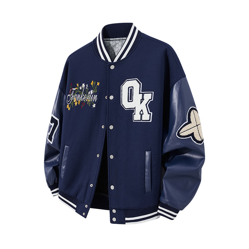 Férfi koreai stílusú baseball dzseki betűmintával, laza szabású, álló gallér és egyrészes gombolás