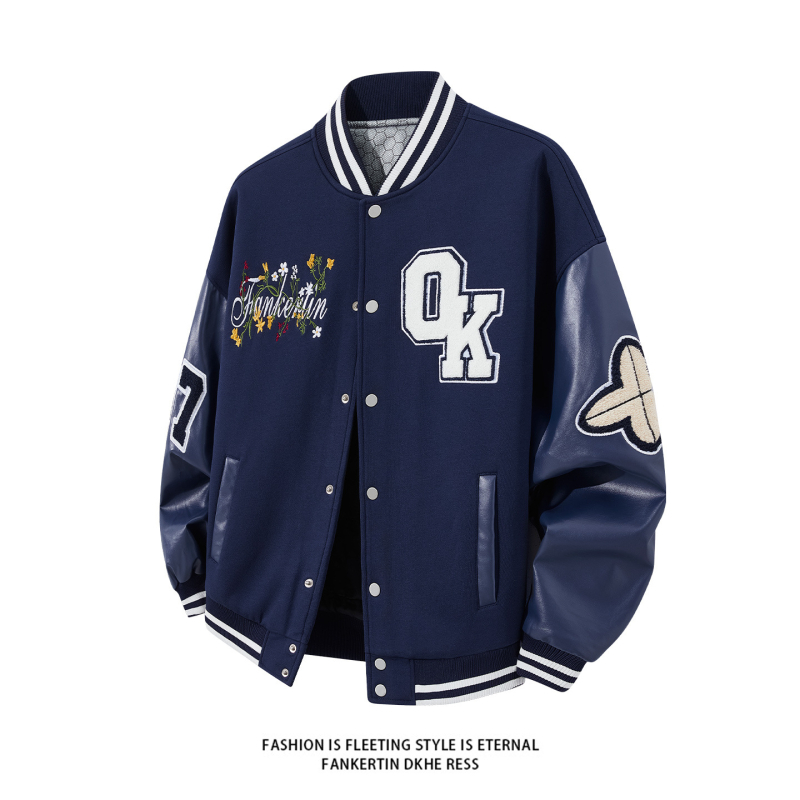 Férfi koreai stílusú baseball dzseki betűmintával, laza szabású, álló gallér és egyrészes gombolás