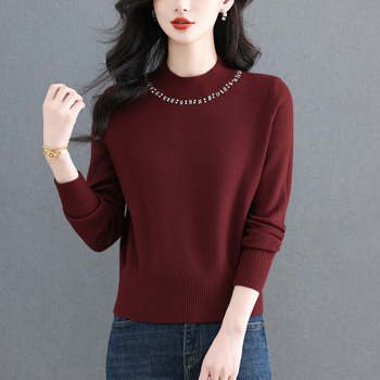 Ženski džemper s perlama, s polu-visokim ovratnikom, debeli pleteni materijal, dugi rukavi