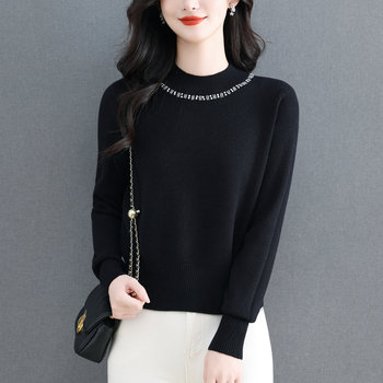 Ženski džemper s perlama, s polu-visokim ovratnikom, debeli pleteni materijal, dugi rukavi