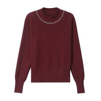 Ženski džemper s perlama, s polu-visokim ovratnikom, debeli pleteni materijal, dugi rukavi