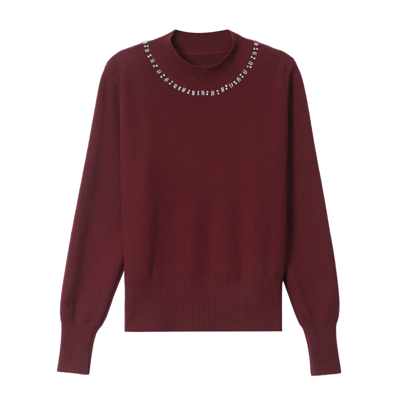 Ženski džemper s perlama, s polu-visokim ovratnikom, debeli pleteni materijal, dugi rukavi