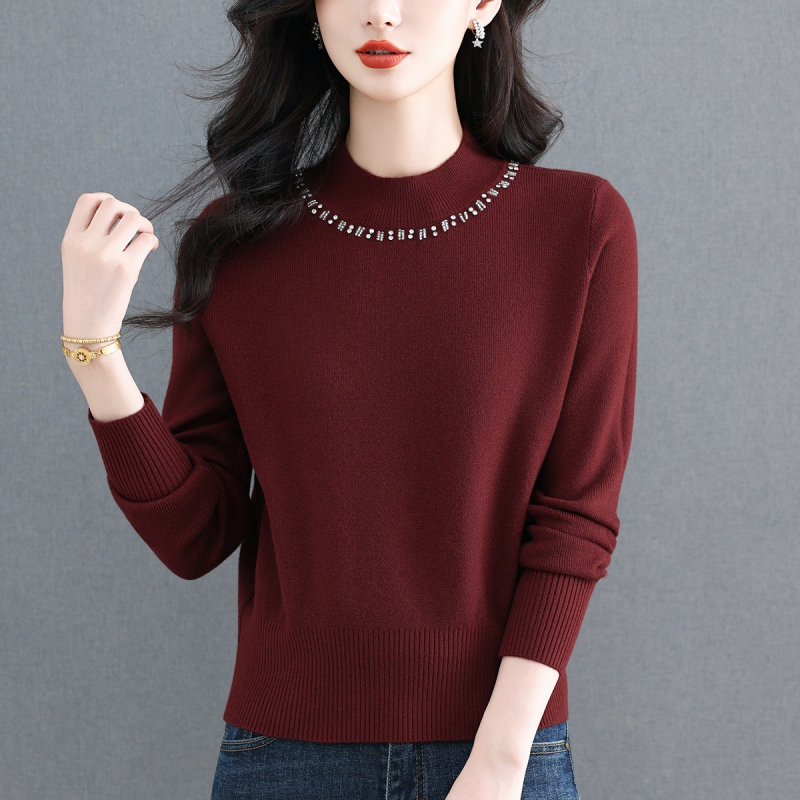 Ženski džemper s perlama, s polu-visokim ovratnikom, debeli pleteni materijal, dugi rukavi