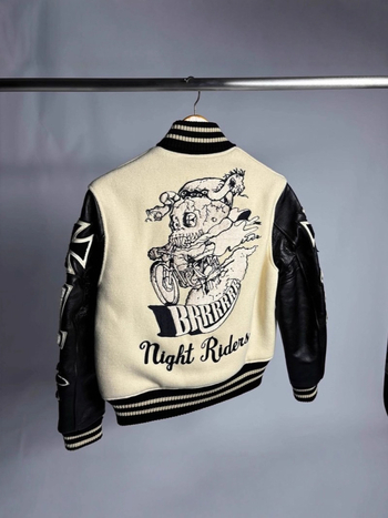 Baseball kabát koponya-lovag motívummal, patchwork bőr panelokkal, laza szabás, állógallér, gyapjú anyag