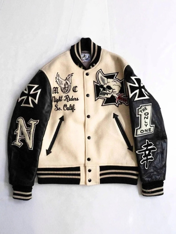 Baseball kabát koponya-lovag motívummal, patchwork bőr panelokkal, laza szabás, állógallér, gyapjú anyag