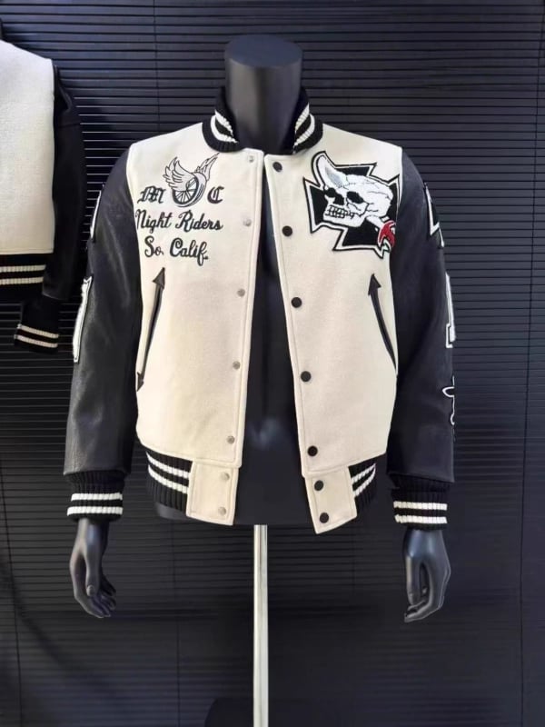 Baseball kabát koponya-lovag motívummal, patchwork bőr panelokkal, laza szabás, állógallér, gyapjú anyag