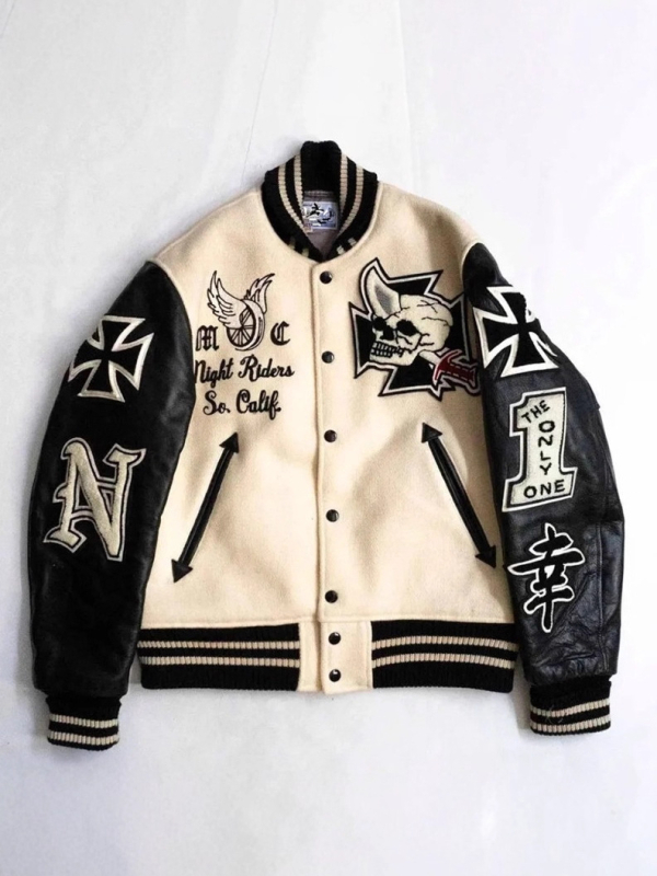 Baseball kabát koponya-lovag motívummal, patchwork bőr panelokkal, laza szabás, állógallér, gyapjú anyag