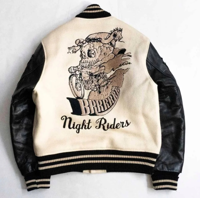 Baseball kabát koponya-lovag motívummal, patchwork bőr panelokkal, laza szabás, állógallér, gyapjú anyag