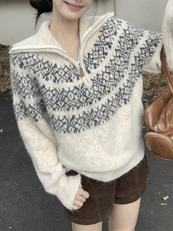 Retro pleteni džemper s kapuljom, akrilno-miješani materijal, srednja debljina, dugi rukav, poluotvoren ovratnik