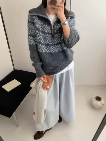 Retro pleteni džemper s kapuljom, akrilno-miješani materijal, srednja debljina, dugi rukav, poluotvoren ovratnik