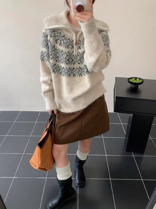 Retro pleteni džemper s kapuljom, akrilno-miješani materijal, srednja debljina, dugi rukav, poluotvoren ovratnik