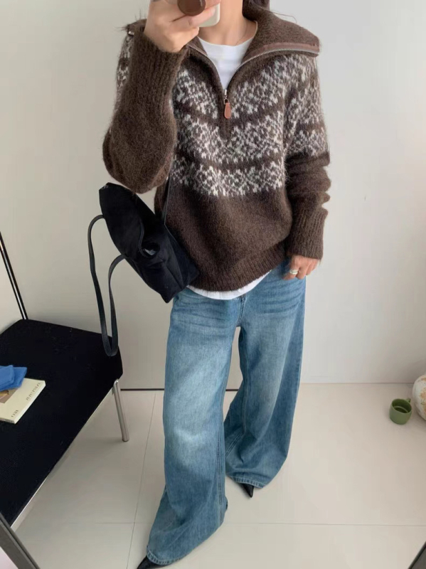 Retro pleteni džemper s kapuljom, akrilno-miješani materijal, srednja debljina, dugi rukav, poluotvoren ovratnik