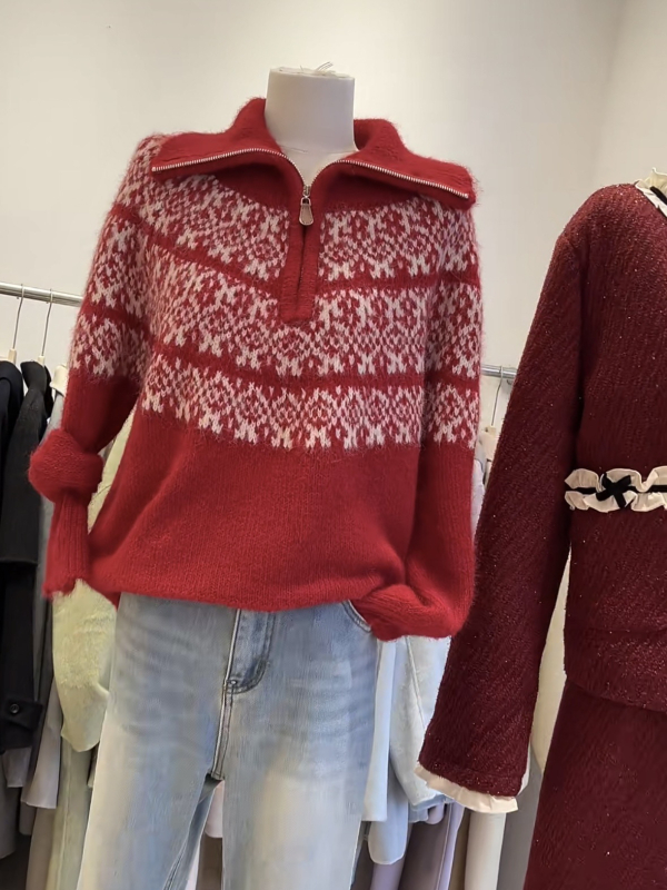 Retro pleteni džemper s kapuljom, akrilno-miješani materijal, srednja debljina, dugi rukav, poluotvoren ovratnik