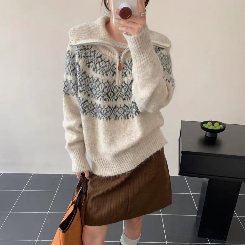 Retro pleteni džemper s kapuljom, akrilno-miješani materijal, srednja debljina, dugi rukav, poluotvoren ovratnik