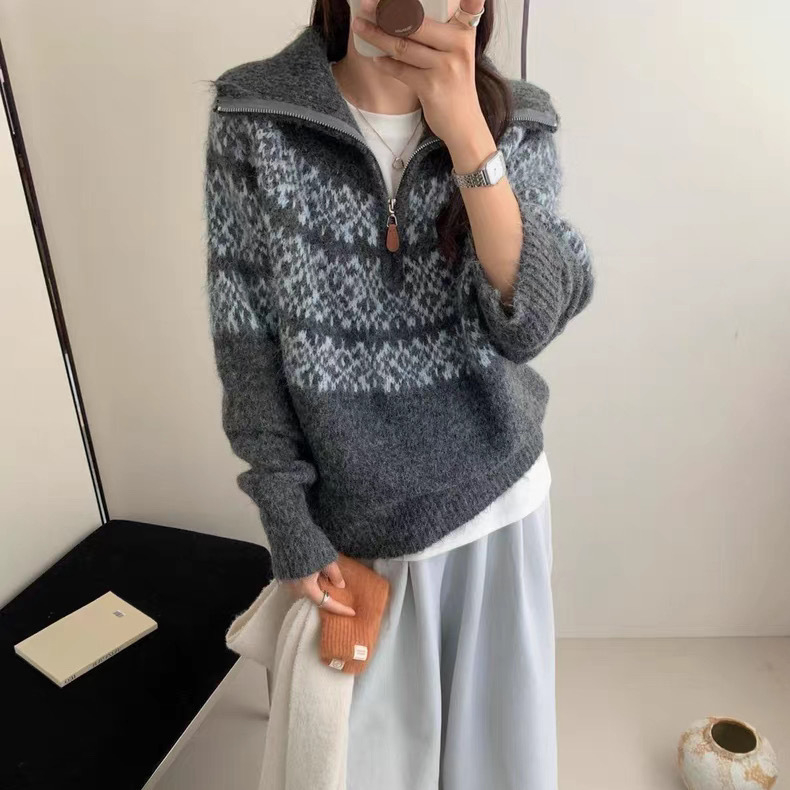Retro pleteni džemper s kapuljom, akrilno-miješani materijal, srednja debljina, dugi rukav, poluotvoren ovratnik