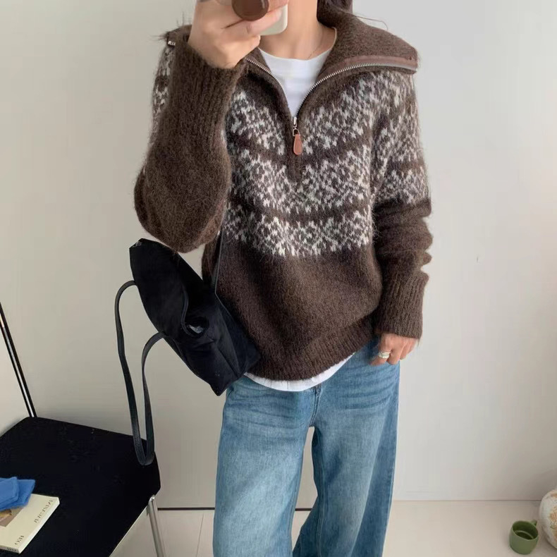 Retro pleteni džemper s kapuljom, akrilno-miješani materijal, srednja debljina, dugi rukav, poluotvoren ovratnik