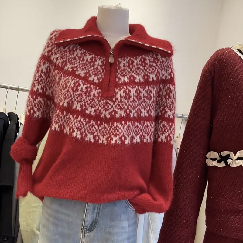 Retro pleteni džemper s kapuljom, akrilno-miješani materijal, srednja debljina, dugi rukav, poluotvoren ovratnik