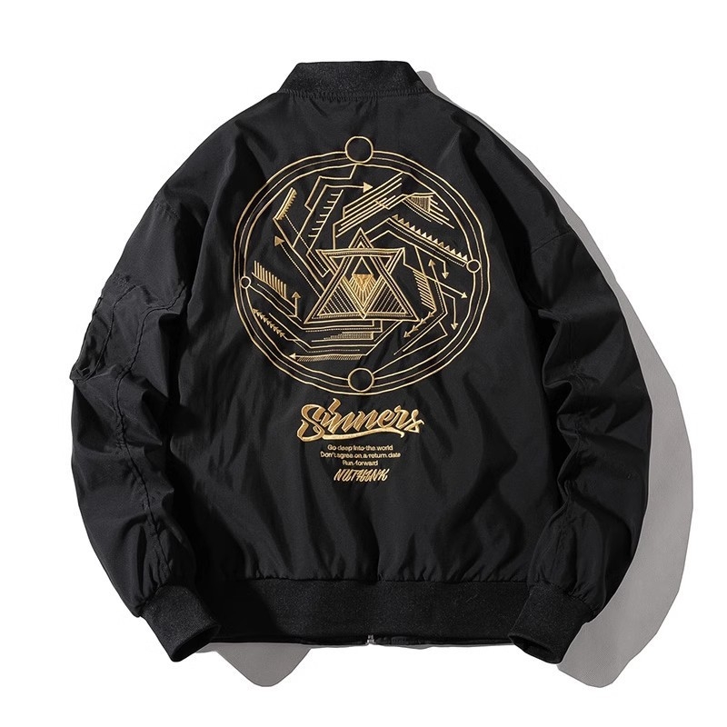 Muška retro brodirana bomber jakna sa stojećim ovratnikom, širok kroj, otporna na habanje