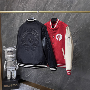 Baseball kabát kereszt hímzéssel, gyapjútest és bőr ujjakkal, csíkos minta, áll-nyak, lazított szabás